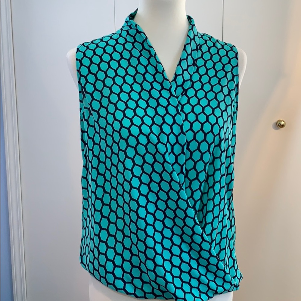 Pleione XS sleeveless blouse green black faux wrap